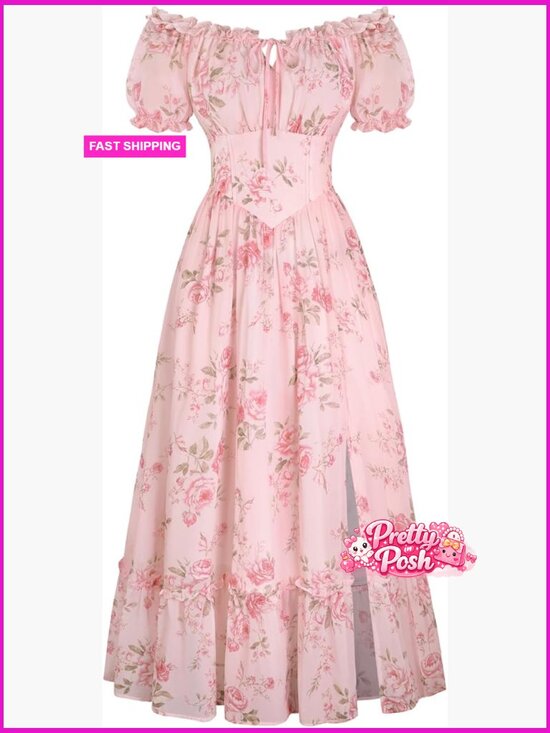 Dresses & Skirts - Ruffled Floral Corset Dress Square Neck Short Sleeve A-line